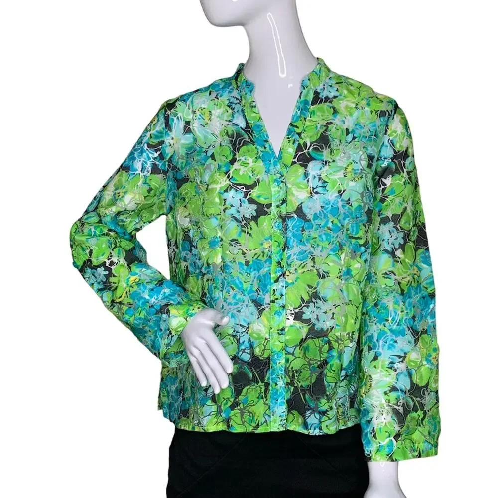 Kim Kim Rogers Petite Button Down Shirt Size LP Green Floral Print